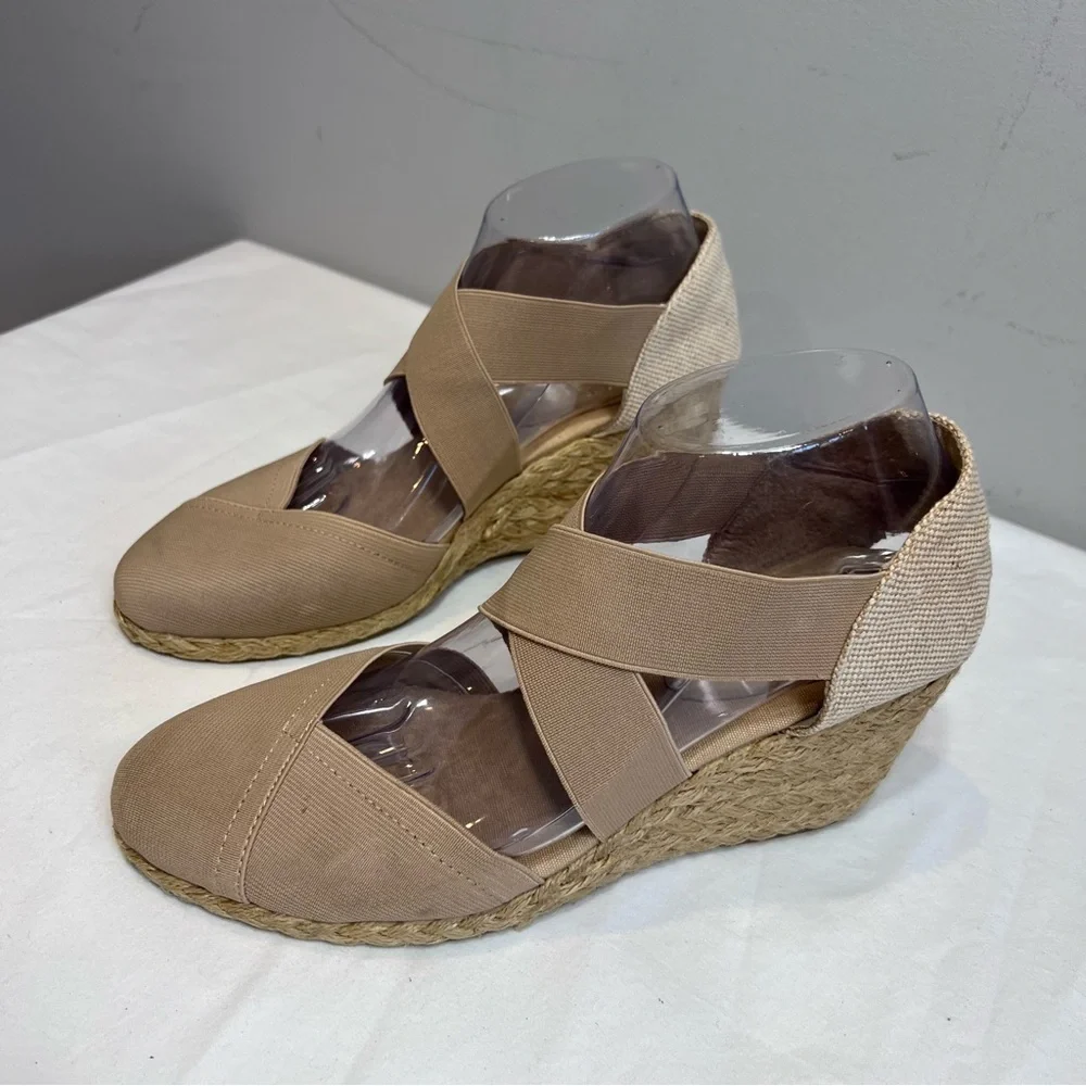 Ralph Lauren Collins tan elastic cross strap espadrille wedge dress shoes 9.